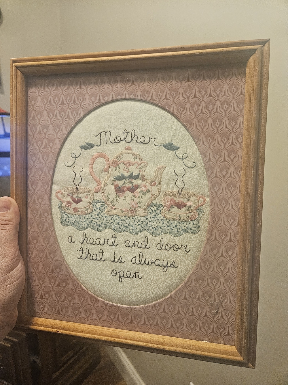 Vintage Quilt Framed 'Mother' Tea Set Wall Art in Pink and Cream